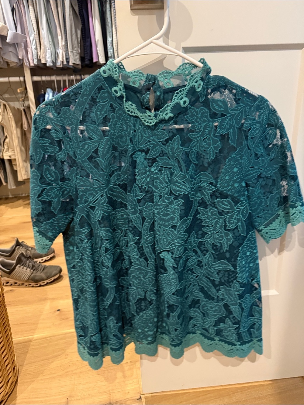 Anthropologie Teal Floral Lace Short-Sleeve Blouse